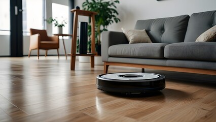 A smart vacuum robot cleaning a minimalist apartment