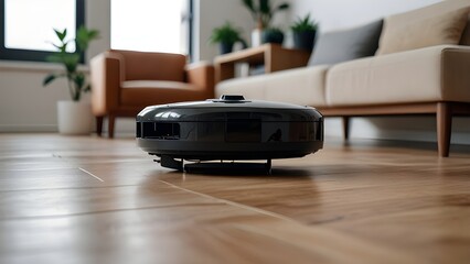 A smart vacuum robot cleaning a minimalist apartment