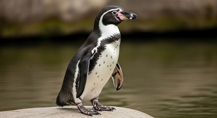 Fototapeta premium Striking Humboldt Penguin standing on a textured rock, displaying its iconic black and white plumage, unique pink eye patch, and colorful beak against a soft, blurred natural backdrop.