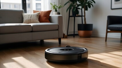 A smart vacuum robot cleaning a minimalist apartment