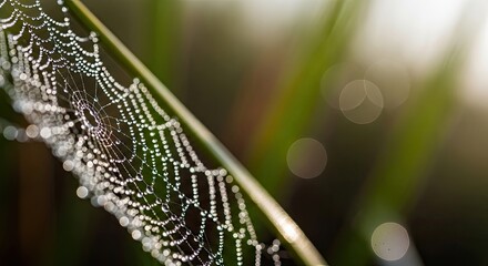 Close-up of a delicate spiderweb adorned with sparkling morning dewdrops, glistening on a plant stem with a soft, blurred green and bokeh background, capturing nature' serene beauty.