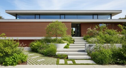 Modern Residence Exterior with Wood and Concrete Facade, Expansive software, and Lush Green Landscaping Under a Clear Blue Sky