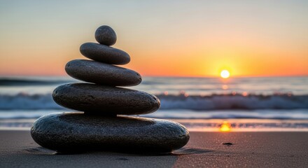 Perfectly Balanced Zen Stone Cairn on a Beach at Sunset, Capturing Serenity, Harmony, and Natural Beauty