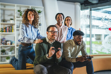Diverse friends enjoying video game competition together