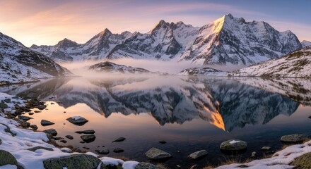 Majestic Alpine Peaks Reflected in a Tranquil Lake at Golden Hour with Snow-Covered Shores and Pastel Sky