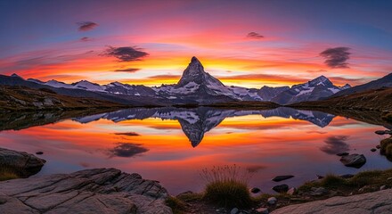 Majestic Matterhorn Mountain reflected in a tranquil alpine lake, showcasing a dramatic sunrise or sunset sky with vibrant hues of , red, and purple over snowy peaks.