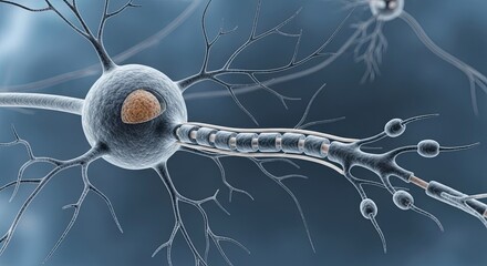 Detailed 3D Rendering of a Human Neuron Structure with Myelin Sheath, Nucleus, Dendrites, and Axon for Neurobiology Education