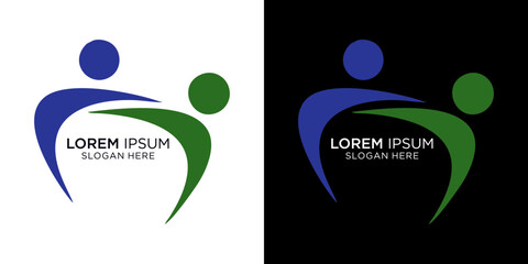 Dynamic abstract logo design showing two figures uniting in vibrant blue and green for community or partnership branding