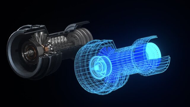 3D digital twin model of mechanical component used in wind turbines to maximize sustainability. Digital blue wireframe blueprint visualization model of wind turbine gear part