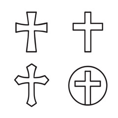 Elegant monochrome vector illustration displaying four unique cross shapes a Maltese cross, a Jerusalem cross, a Nordic cross, and a Tau cross perfect for religious or cultural themes.