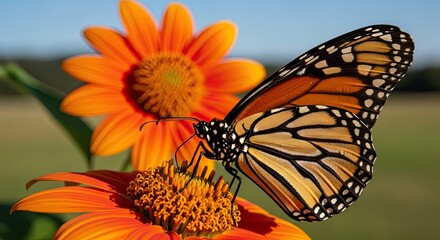 Obraz premium Vibrant Monarch butterfly feeding on a bright flower, showcasing intricate wing patterns against a soft natural background.
