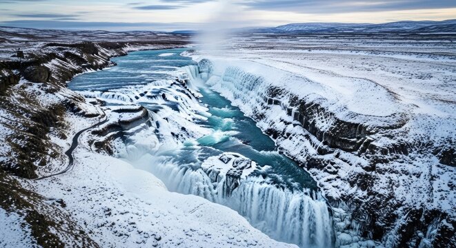 Breathtaking aerial view of Gullfoss waterfall cascading through a snow-covered canyon in winter, Iceland, a majestic natural wonder on the Golden Circle route. - Powered by Adobe