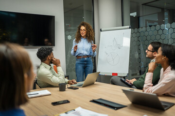 Businesswoman presenting data to diverse colleagues in meeting room
