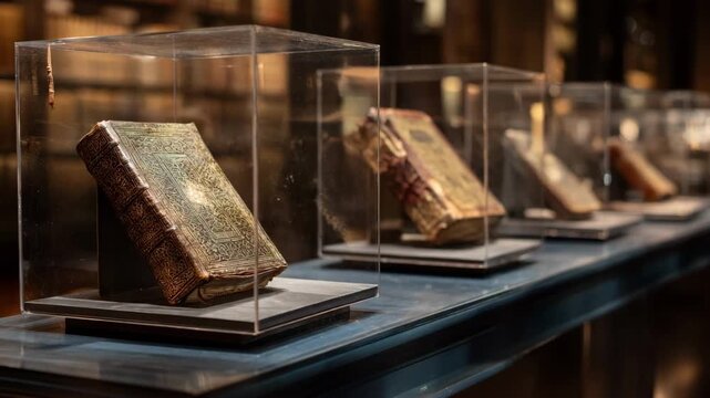 Medium shot of delicate ancient books displayed under protective glass cases highlighting intricate bindings and aged pages in a dimly lit exhibit space.