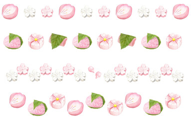 桜の和菓子四種 水彩ラインセット Sakura Wagashi Watercolor Line Set