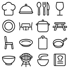 Culinary Icon Array: An array of minimalist culinary icons presents the essentials of food preparation and dining, suggesting a realm of gastronomy and the art of the culinary world.