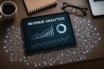 Revenue Analytics Dashboard on Tablet with Glowing Data Network
