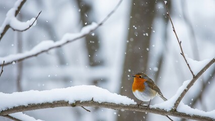 European robin perched on a snow-covered branch during a winter snowfall