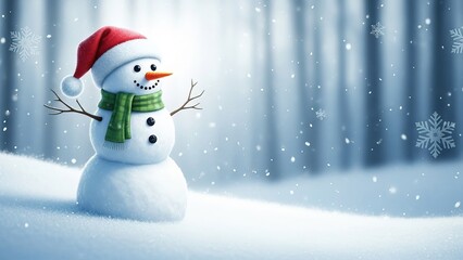 Festive snowman in a snowy winter scene with falling snowflakes