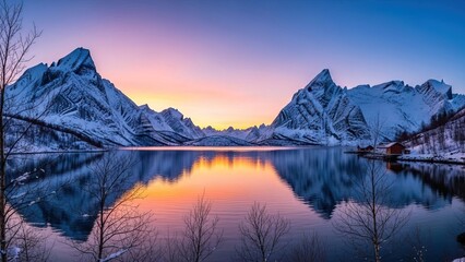 Stunning winter landscape with snow-capped mountains and a tranquil lake at sunset