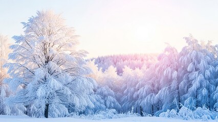 Winter wonderland scene with snow-covered trees and a soft, colorful sunrise