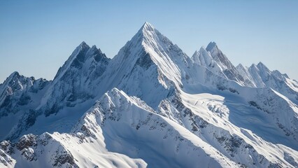 Fototapeta premium Snow-covered mountain peaks under a clear blue sky on a bright sunny day