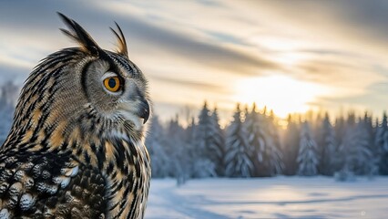 Majestic Eurasian eagle-owl in winter landscape at sunset