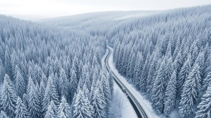 Aerial view of a snowy road winding through a winter forest