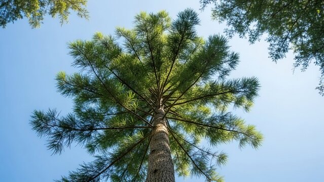 Looking up at a tall pine tree with bright green needles against a blue sky - Powered by Adobe