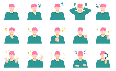 若い一般男性の喜怒哀楽などの表情イラストセット。フラットデザイン。