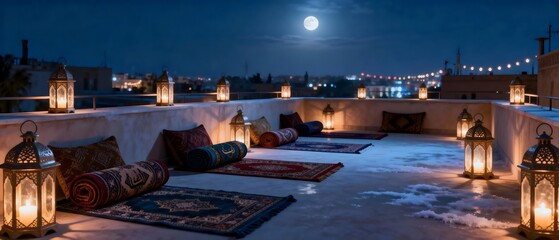 Rooftop Terrace Decorated with Rugs and Lanterns under Moonlight.