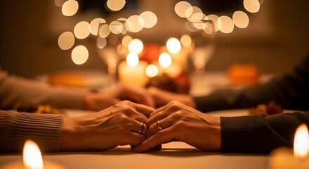 A beautifully lit, cinematic close-up of a loving couple's hands intertwined across a romantic dinner table, symbolizing deep connection and an intimate moment