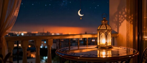 Atmospheric Night Balcony View with Lantern on Table and City Skyline.
