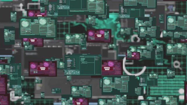 Multimedia video wall featuring critical system error warnings and red alert notifications. Visualization of cyber attack detection messages and code failure logs, programming concept