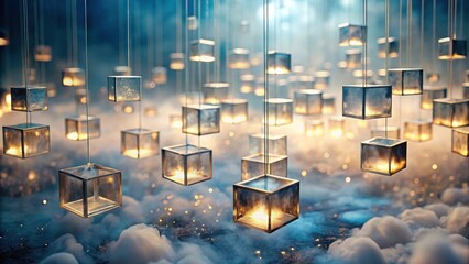 Illuminated Cubic Lanterns Suspended in a Dreamlike Atmosphere, Glowing Softly Amidst a Misty, Ethereal Setting
