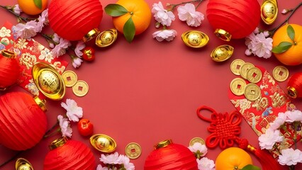 Vibrant assortment of fresh vegetables and spices arranged in a colorful circular frame on a red cooking background