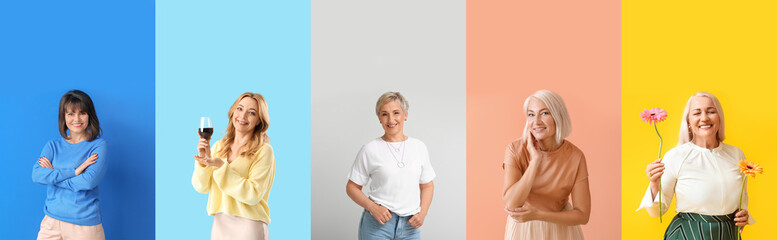 Group of beautiful mature women on color background