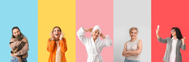 Group of beautiful mature women on color background