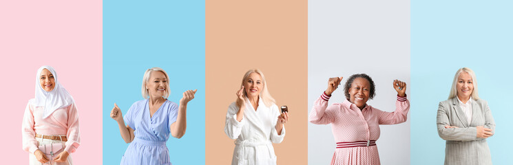 Set of beautiful mature women on color background