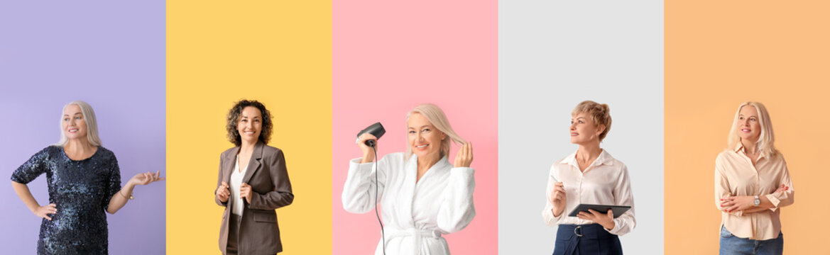 Set of beautiful mature women on color background