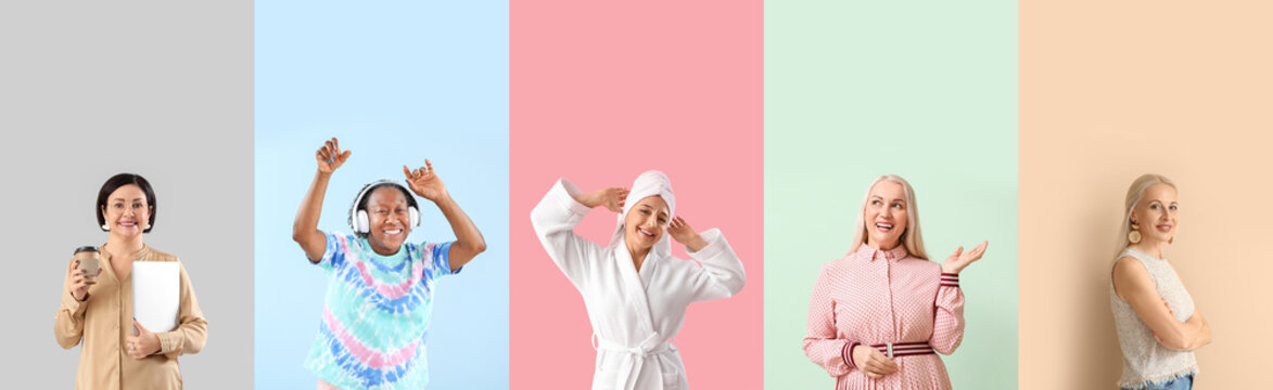 Collage of beautiful mature women on color background