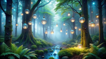 Enchanted Forest Path Illuminated by Glowing Orb Lights Hanging from Mossy Trees