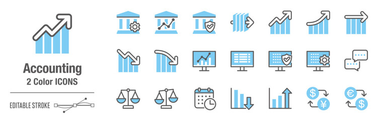 カジュアルな２色・アイコンセット｜会計、金融、ファイナンス [線の編集可能]