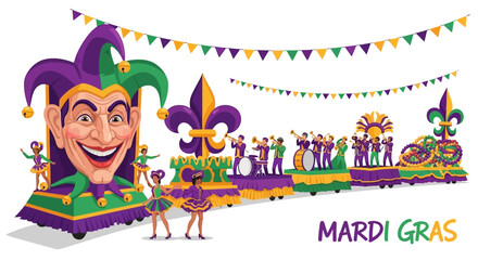 Mardi Gras Parade Float with Jester Mask and Performers.