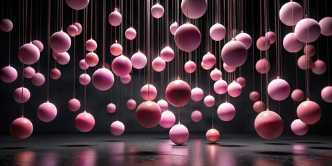Suspended Pink Spheres in Dark Room Creating an Elegant and Mysterious Atmosphere