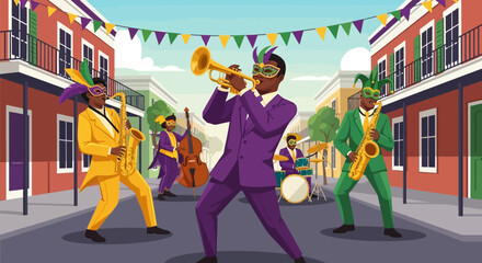 Mardi Gras Musicians Playing Music in the Street Parade Celebration. © Jepry