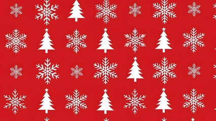 Festive christmas pattern with snowflakes and trees against a red background