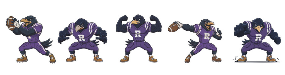 Fototapeta premium Cartoon raven or crow mascot character playing american football
