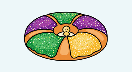 Traditional King Cake with colorful icing and a baby figurine.