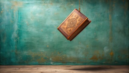 An Antique Leather-Bound Book Suspended Against a Textured Teal Background